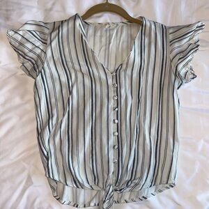 Striped V-Neck Button-Down Top